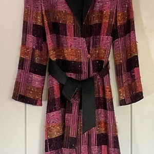 DONCASTER TWEED MAXI COAT, BRIGHT PINK, MULTI COLOR. METALLIC THREADS. SIZE 10.